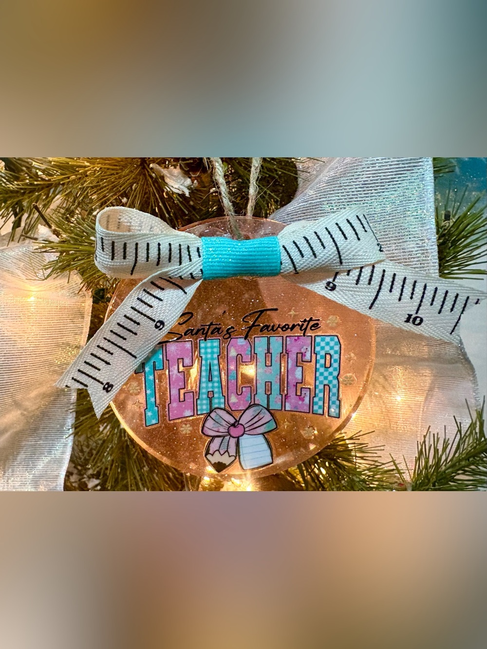 Santa's Favorite Teacher Holiday Ornament - Turquoise and Pink